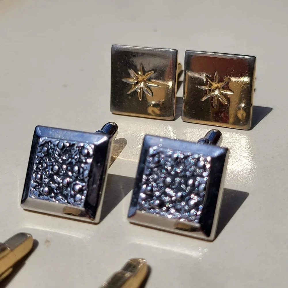 Vintage Mixed Metal Resin Cufflinks Lot Gold Silver Red Starburst Textured